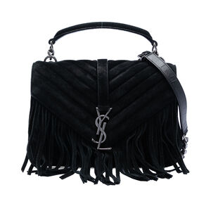 Pre-Loved Saint Laurent Medium Chevron Suede Monogram Fringe College Satchel